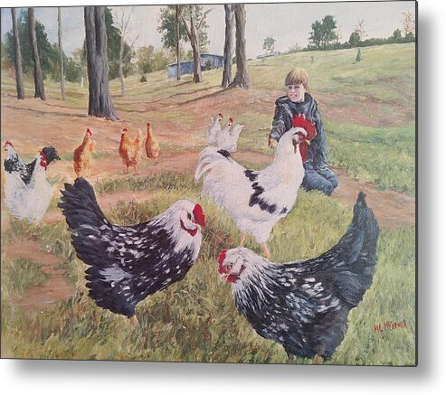 Landscape Metal Print featuring the painting Noah and his Chickens by ML McCormick
