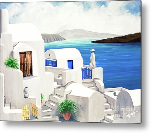 Santorini Metal Print featuring the painting SANTORINI AT OIA-prints of 0il painting small-large and products by Mary Grden