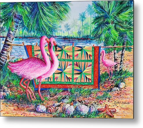 Palm Quilt Metal Print featuring the painting Palm Quilt Flamingos by Diane Phalen