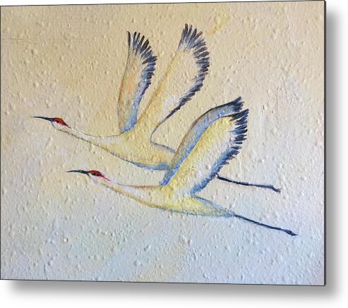 Cranes In Flight Metal Print featuring the painting Partners for Life by Caroline Patrick
