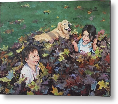 Autumn Metal Print featuring the painting Playing in the Leaves by Judy Rixom