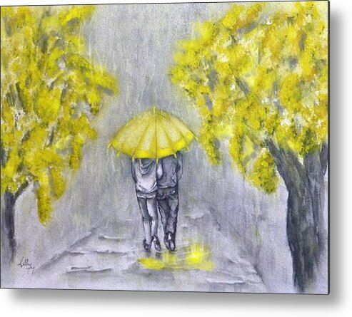 Yellow Umbrella Metal Print featuring the painting Pouring Rain in Yellow by Kelly Mills