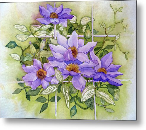 Flowers On Trellis Metal Print featuring the painting Purple Clematis Jackmanii On White Trellis by Deborah League