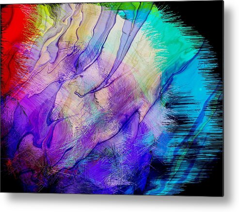 Abstract Red Faced Creature Hatching Fuzzy Yellow White Blue Purple Aqua Green Pink Software Ipad-air Black Background Metal Print featuring the digital art Red Faced Creature Hatching by Kathleen Boyles
