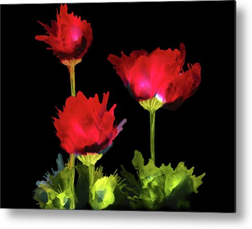 Red Metal Print featuring the painting Red Poppies on Black Background Alcohol Ink Painting by Deborah League