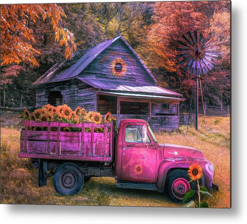 Sunflower Metal Print featuring the photograph Red Truck at the Autumn Sunflower Farm by Debra and Dave Vanderlaan