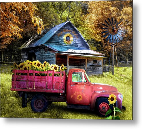 Red Metal Print featuring the photograph Red Truck at the Sunflower Farm by Debra and Dave Vanderlaan