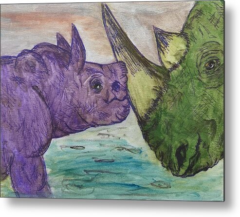 12 X 9 Metal Print featuring the painting Rhinos by Lisa Koyle