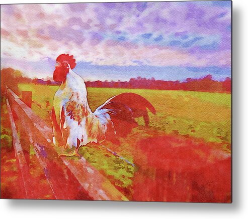 Rooster Metal Print featuring the digital art Rooster on a Fence Crowing in the Morning by Shelli Fitzpatrick