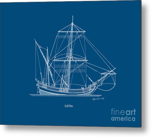 Sailing Vessels Metal Print featuring the drawing Saetia - traditional Greek sailing ship - blueprint by Panagiotis Mastrantonis