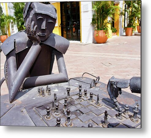 Sculpture Chess Cartagena Colombia Metal Print featuring the photograph Sculpture Playing Chess - Cartagena, Colombia by David Morehead