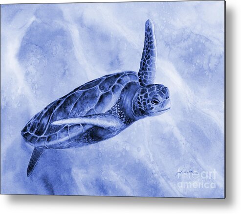 Mono Metal Print featuring the painting Sea Turtle 2 in Blue by Hailey E Herrera