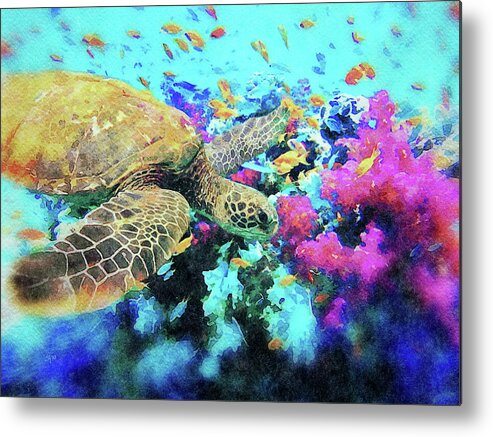 Sea Turtle Metal Print featuring the digital art Sea Turtle with Fish and Coral Reef Watercolor Painting by Shelli Fitzpatrick