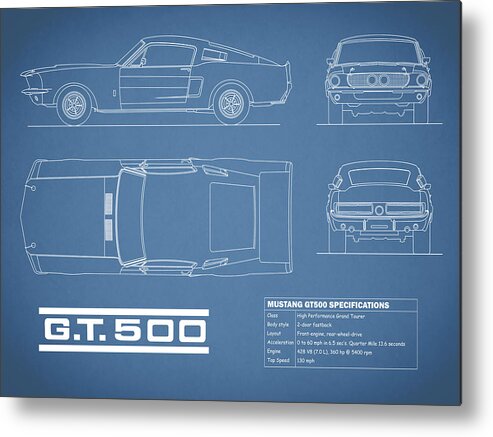 Ford Mustang Metal Print featuring the photograph Shelby Mustang GT500 Blueprint by Mark Rogan