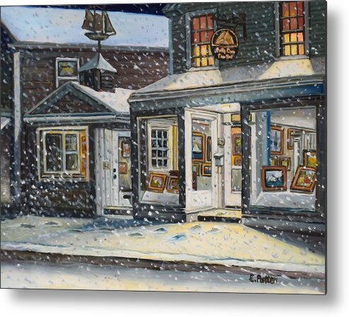Snow Metal Print featuring the painting Snowy Evening At The Gallery by Eileen Patten Oliver