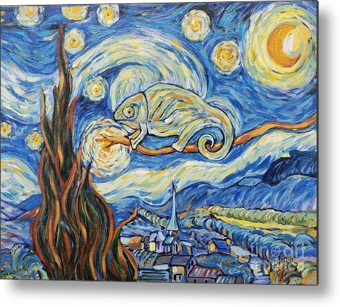 Chameleon Metal Print featuring the painting Starry Night Chameleon, A Tribute to Van Gogh, by Jeanne Forsythe
