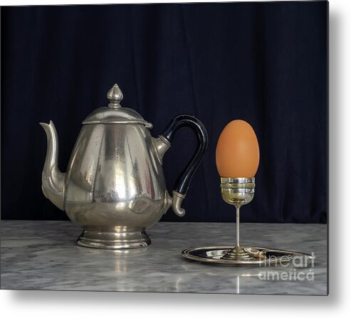 Patina Metal Print featuring the photograph Sterling Silver Eggcup and Teapot Black Background Still Life by Pablo Avanzini