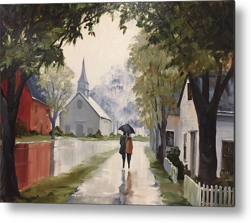 Rain Metal Print featuring the painting Strolling on a Rainy Day by Judy Rixom