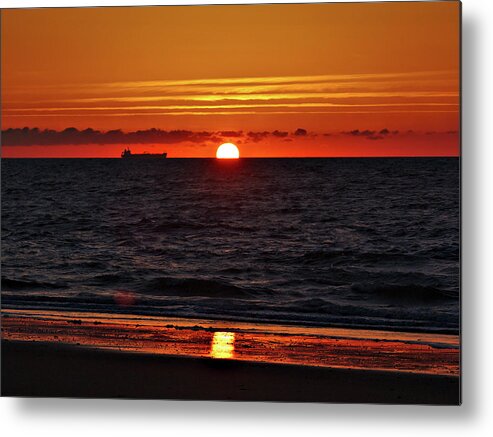 Isle Of Wight Sandown Sunrise Ship Silhouette Metal Print featuring the photograph Sunrise on Sandown Beach Isle of Wight by Jeremy Hayden