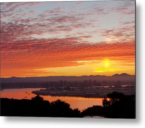 Sunset Water Bay Trees Yellow Orange Grey Clouds Island Metal Print featuring the digital art Sunset over Mission Bay by Kathleen Boyles
