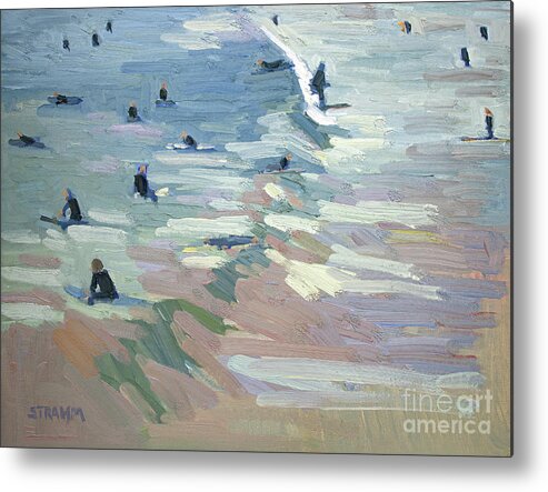 Surfing Metal Print featuring the painting Surfing USA - Surfers Waiting to Catch a Wave and Catching Waves in Southern California by Paul Strahm