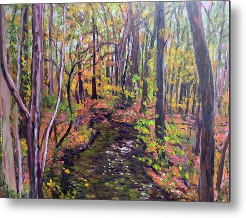 Woods Stream Fall Trees Trail Metal Print featuring the painting Thanksgiving woods by Beth Riso