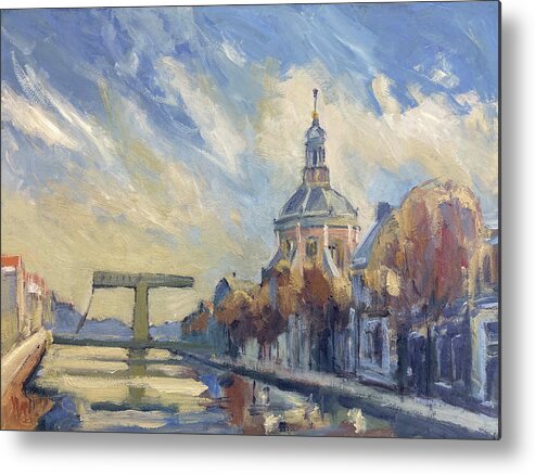 The Mare Church And Mare Bridge In Autumn Light. Leiden Metal Print featuring the painting The Mare Church and Mare Bridge Leiden by Nop Briex