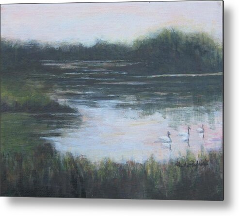 Painting Metal Print featuring the painting Three Swans a Swimming by Paula Pagliughi