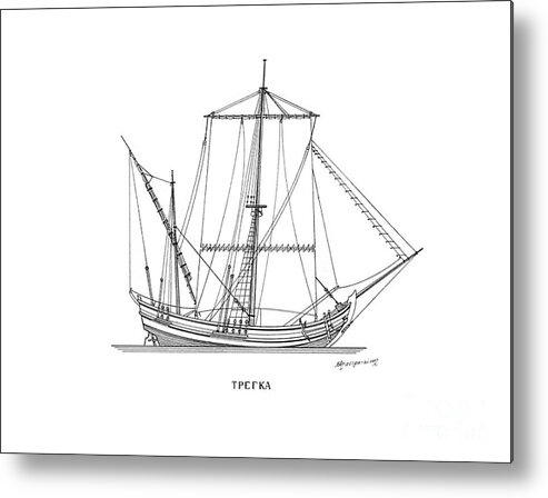 Sailing Vessels Metal Print featuring the drawing Trega - traditional Greek sailing ship by Panagiotis Mastrantonis