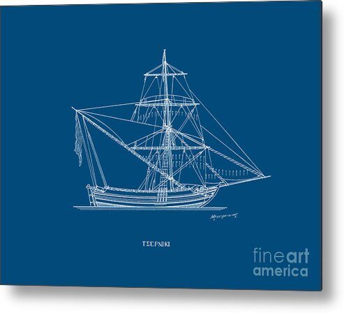 Historic Vessels Metal Print featuring the drawing Tserniki - traditional Greek sailing ship - blueprint by Panagiotis Mastrantonis