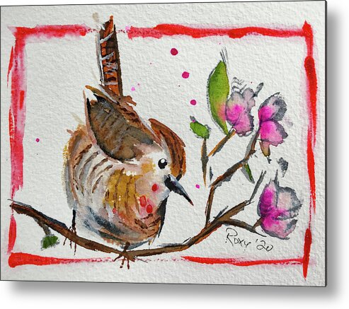 Wren Bird Metal Print featuring the painting Wren in a Cherry Blossom Tree by Roxy Rich