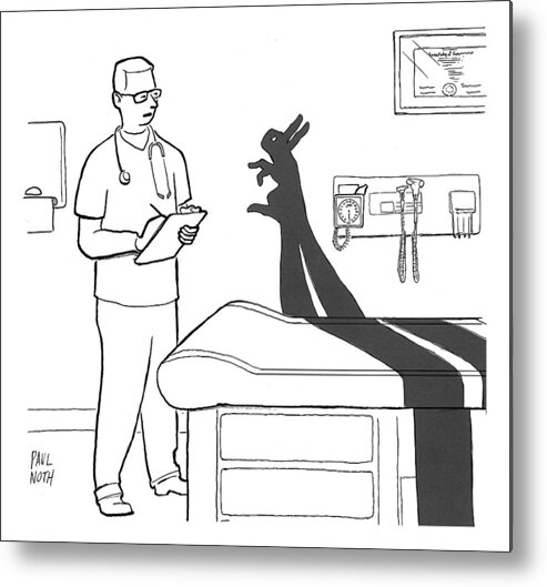 Doctor Metal Print featuring the drawing A Doctor Consults A Shadow Puppet Of A Rabbit #1 by Paul Noth