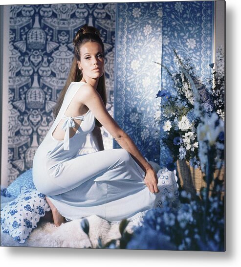 Studio Shot Metal Print featuring the photograph Veruschka Wearing Blue Nightgown #1 by Horst P. Horst