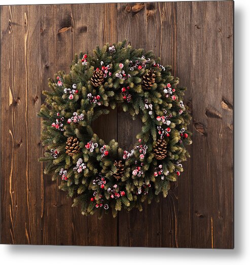 Red Metal Print featuring the photograph Advent Christmas wreath decoration #5 by U Schade