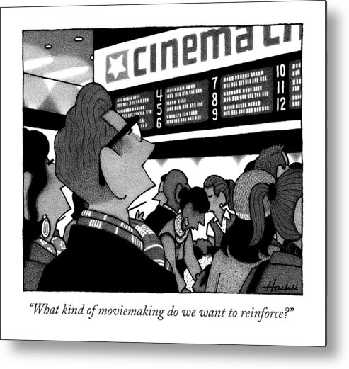 Theater Metal Print featuring the drawing A Couple Looking At The Marquee Of Movies Showing by William Haefeli