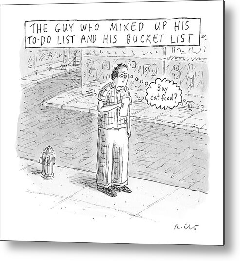 Captionless Metal Print featuring the drawing A Man Stares At A Piece Of Paper And Thinks Buy by Roz Chast