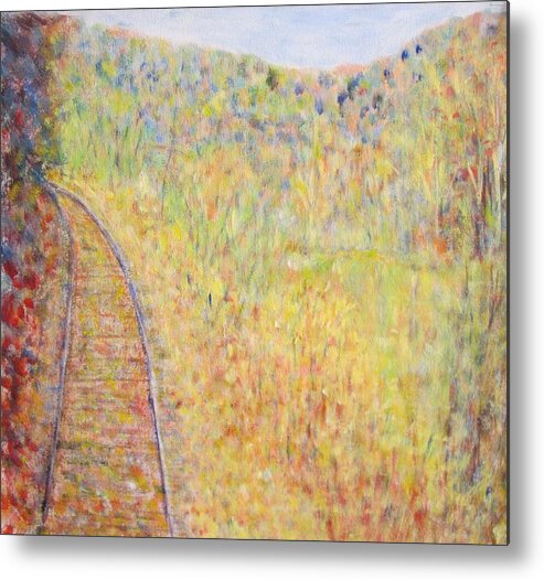 Impressionism Metal Print featuring the painting Autumns Maple Leaves and train tracks by Glenda Crigger
