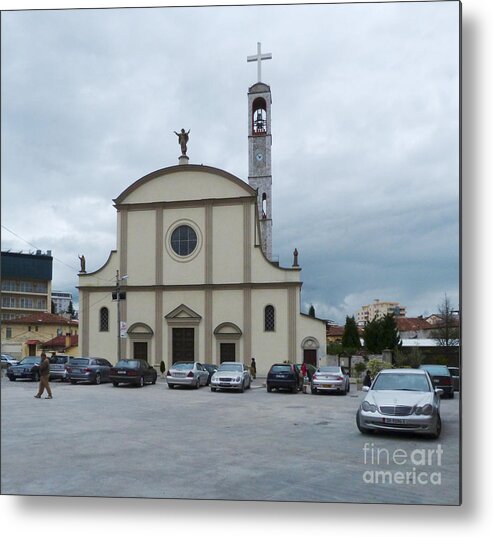 Catholic Metal Print featuring the photograph Cars and Cathedral - Shkoder by Phil Banks