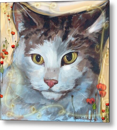 Cat Metal Print featuring the mixed media Cat and Poppies by Sarah Madsen