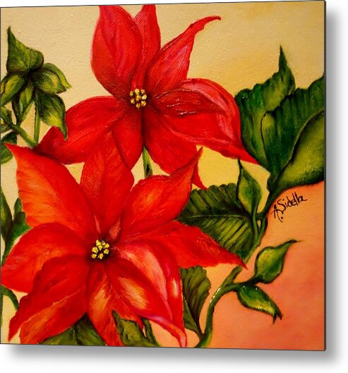 Christmas Flowers Metal Print featuring the painting Christmas Flowers by Annamarie Sidella-Felts