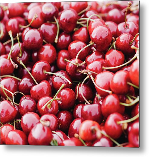 Cherry Metal Print featuring the photograph Closeup Of Fresh Cherries by Miemo Penttinen - Miemo.net