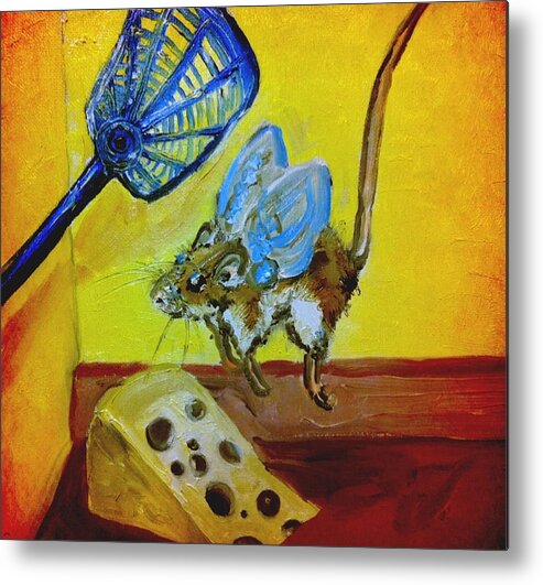 Surrealism Metal Print featuring the painting Darn Mouse Flies on Swiss by Alexandria Weaselwise Busen
