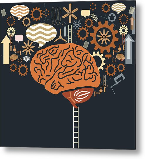 Internet Metal Print featuring the drawing Graphic of ladder to brain with gears and speech bubbles by Nihatdursun