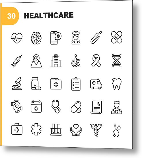 Ambulance Metal Print featuring the drawing Healthcare Line Icons. Editable Stroke. Pixel Perfect. For Mobile and Web. Contains such icons as Hospital, Doctor, Nurse, Medical help, Dental by Rambo182