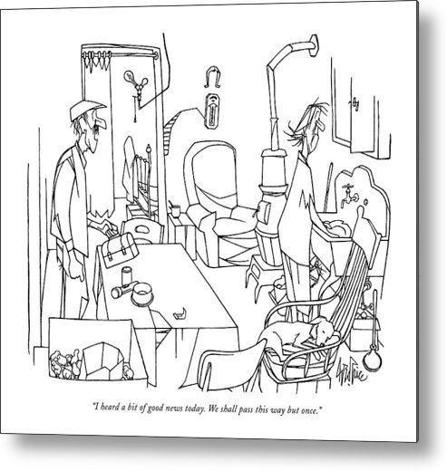 
(a Blue-collar Worker Speaks To His Dish-washing Wife.) Economy Psychology Artkey 45154 Metal Print featuring the drawing I Heard A Bit Of Good News Today. We Shall Pass by George Price