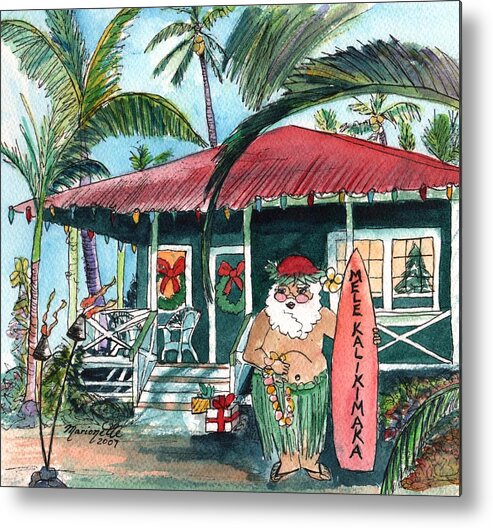 Hawaiian Santa Metal Print featuring the painting Mele Kalikimaka Hawaiian Santa by Marionette Taboniar