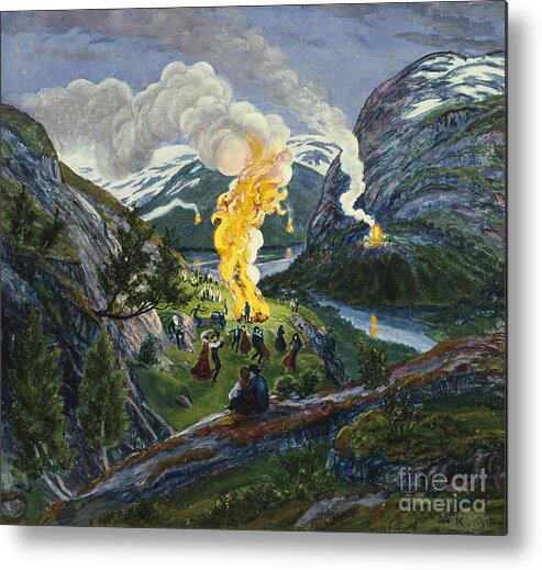Landscape Metal Print featuring the painting Midsummer fire by Nikolai Astrup