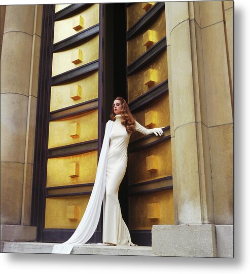 Outdoors Metal Print featuring the photograph Model Wearing White Evening Gown With Scarf by Horst P. Horst