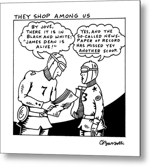 
They Shop Among Us: Title. Man And Woman In Twenties Buck Rogers- Style Uniforms Are Reading A Newspaper And Holding A Bag Of Groceries Metal Print featuring the drawing They Shop Among by Charles Barsotti