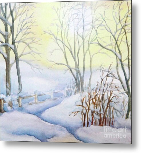 Winter Painting Metal Print featuring the painting Backyard Winter Scene by Inese Poga